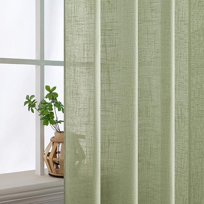 MIULEE Sage Green Linen Curtains 120 Inches Long for Bedroom Living Room, Soft Thick Linen Textured Window Drapes Semi Sheer Light Filtering Back Tab Rod Pocket Burlap Look Decor, 2 Panels 10 Ft