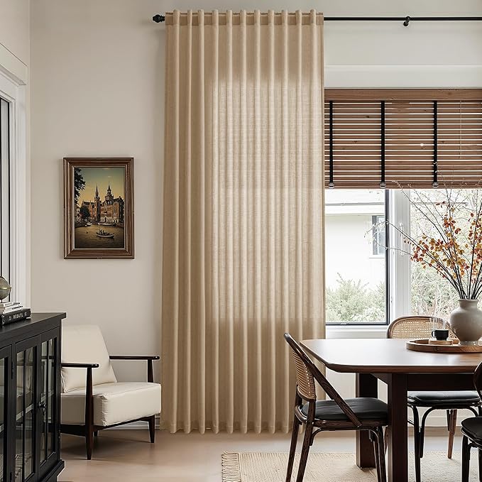 Sand Beige Linen Curtains for Living Room 98 Inches Long Simple Modern Light Filtering Semi Sheer Curtain Back Tab Rustic Farmhouse Luxury Home Decor Drapes for Bedroom Dinner Room 52x98, 2 Panels