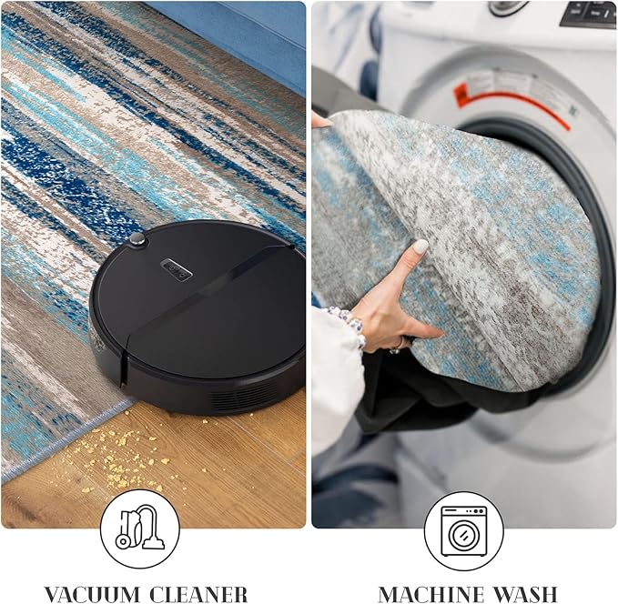 Lansny Modern Abstract Runner Rug 2.6x16, Blue Washable Long Kitchen Runner Non-Slip Soft Hallway Rug Runner Thin Print Faux Wool Carpet for Entryway Bedroom Laundry Room Indoor Home Decor