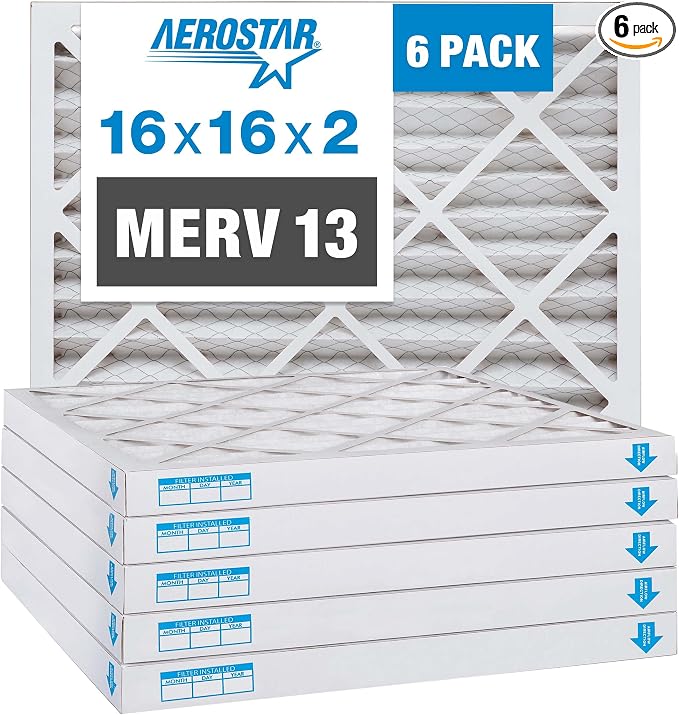 Aerostar 16x16x2 MERV 13, Pleated Air Filter, Box of 6, Made in the USA by AirFiltersDelivered