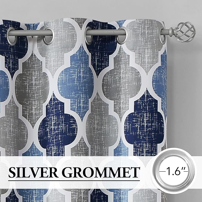 Beauoop 100% Blackout Curtains 72 Inches Long 2 Panels for Bedroom Living Room Blue Grey Moroccan Geo Room Darkening Thermal Insulated Soundproof Grommet Top Window Treatments Drapes, 50x72 Set of 2