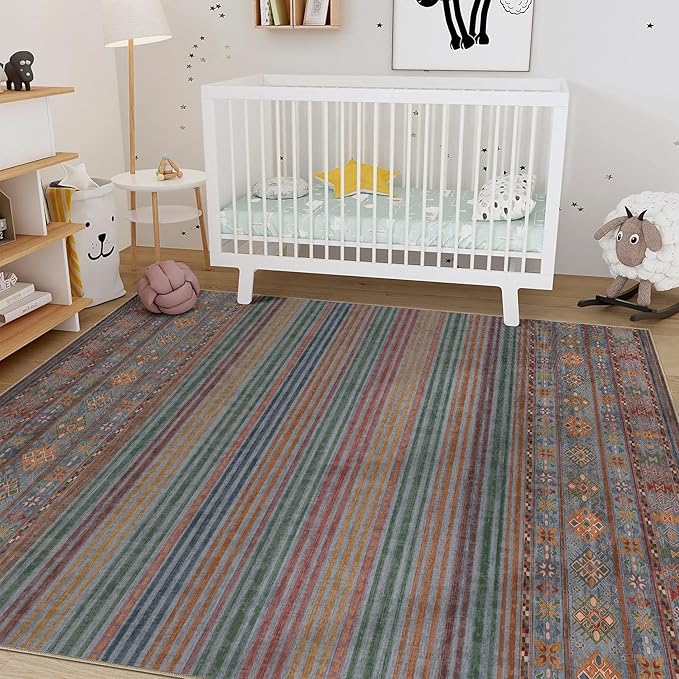 Nakagishi 5X7 Area Rugs Living Room: Washable Large Vintage Rug Neutral Non-Slip Soft Stain Resistant Indoor Carpet for Bedroom Nursery Dining Room Office Playroom - Multi Color