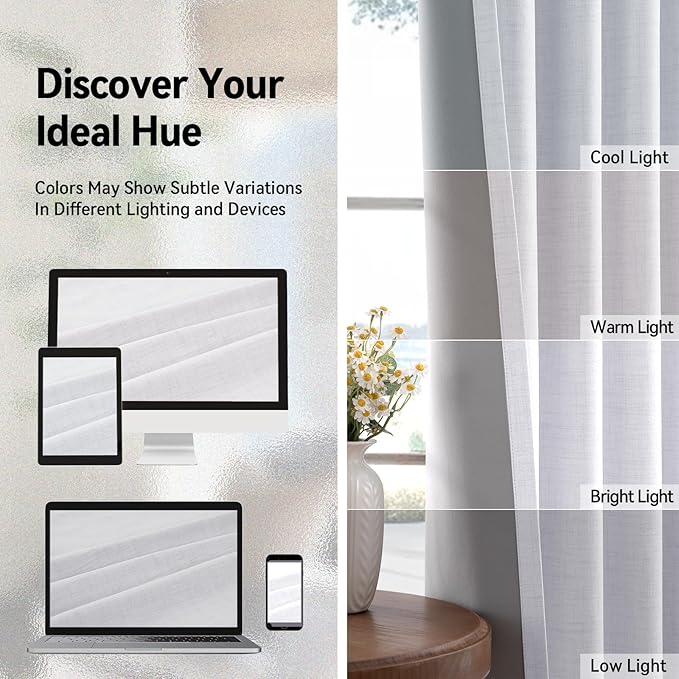 100% Blackout Shield Linen Blackout Curtains for Bedroom, Bright White Grommet Curtains for Living Room, Thermal Insulated Room Darkening Drapes for Nursery, Boho Home Decor, 50" W x 108" L, 2 Panels