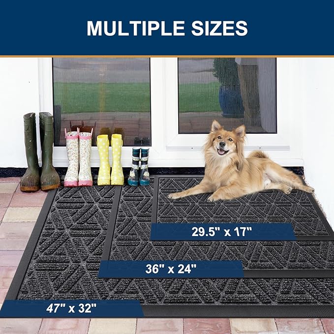 Smiry Front Door Mat Outside Entrance, Heavy Duty Sturdy Natural Rubber Doormat, Trap Dirt and Moisture, Easy Clean Low Profile Mats for Indoor Outdoor Entry, Grid Geometric (47x23, Grey)