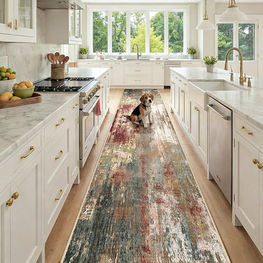 Washable Area Rugs 2'6'' x12 Non-Slip Modern Abstract Soft for Living Room Entryway Bedroom Nursery, Print Pattern, Brown Rust Red Green Blue Multi