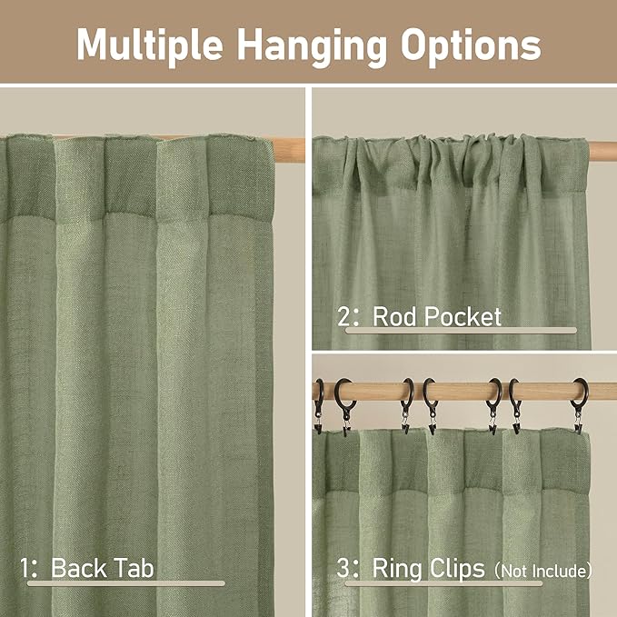 LAMIT 60 Inch Length Window Linen Curtains, Light Filtering Panels Back Tab and Rod Pocket Neutral Drapes for Bedroom/Living Room, Sage Green, 2 Panels, 34 x 60 Inch