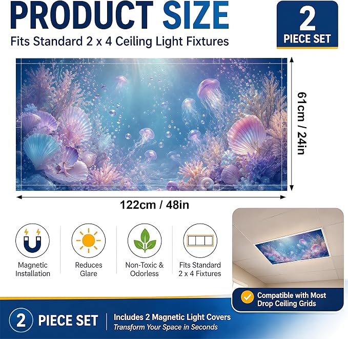 2 Pack Underwater Jellyfish Decorative Ceiling Light Covers, Magnetic 4x2 Ft - Image 2