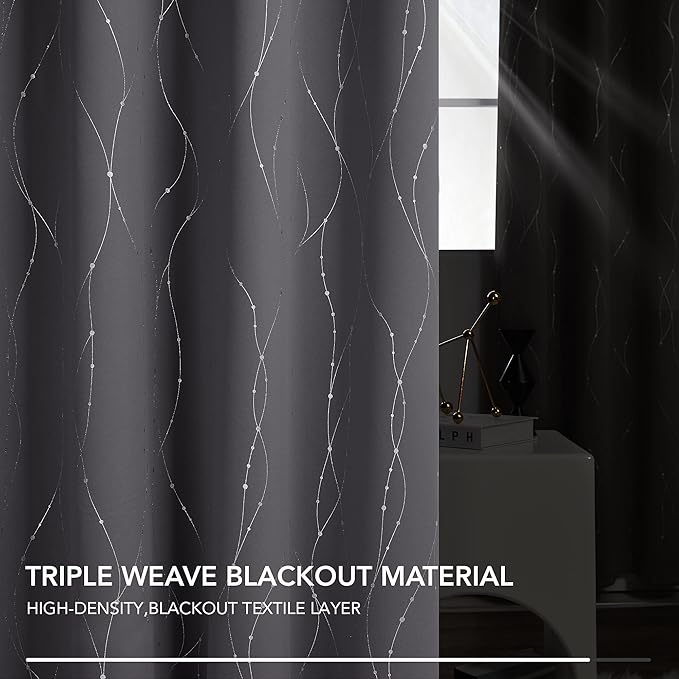 Deconovo Short Curtains Grey, Blackout Kitchen Curtain, Thermal Insulated Soundproof Drapes, Wave Dots Foil Print, 52 x 45 Inches, 2 Panels, Machine‑Washable Privacy Window Panel for Nursery Office