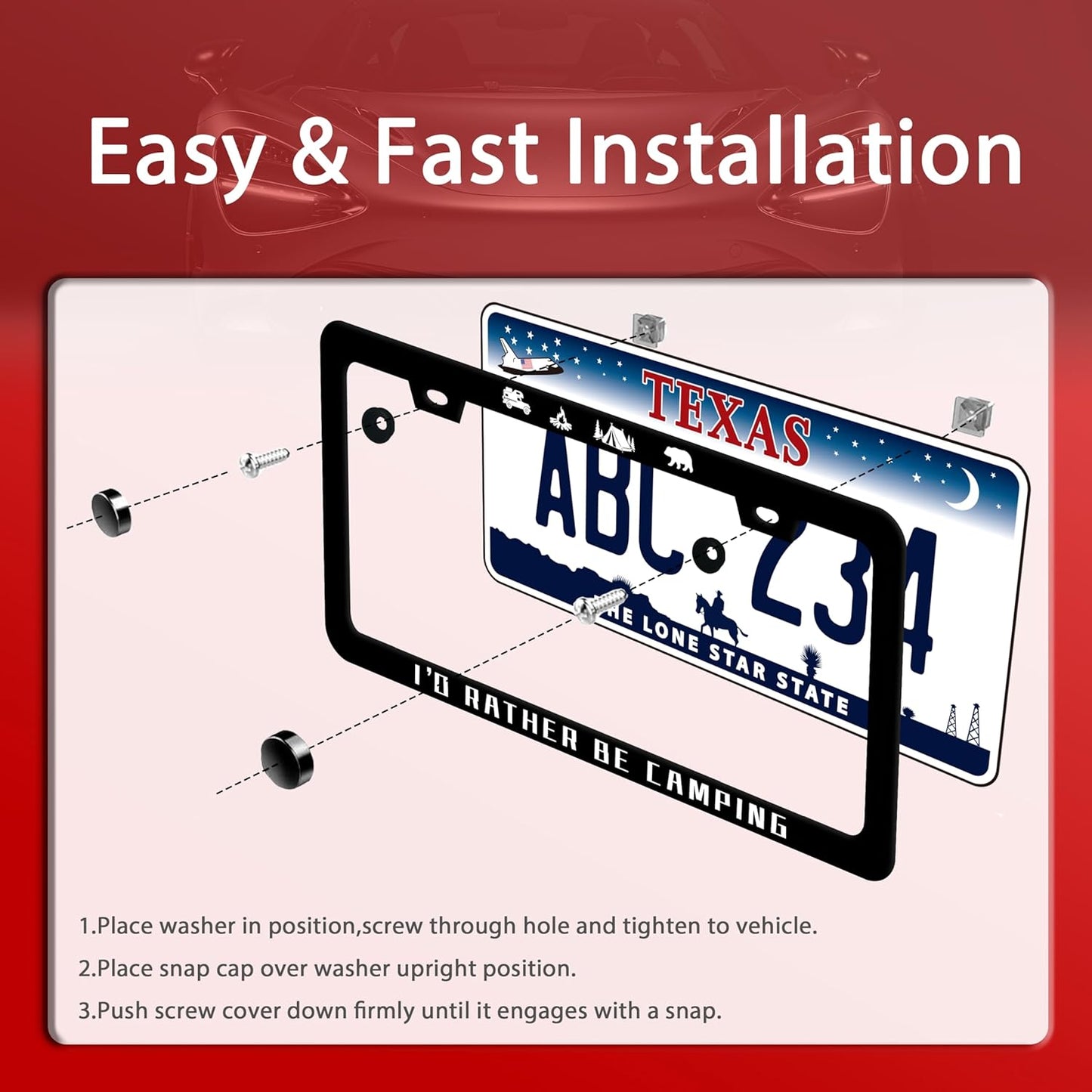 I'D Rather Be Camping License Plate Frame Funny Camper License Plate Frames Stainless Steel Accessories Cars Decor With 2 Holes And Screws Fits Standard Us Ca Vehicles License Plate Holder 12.2 X 6 In