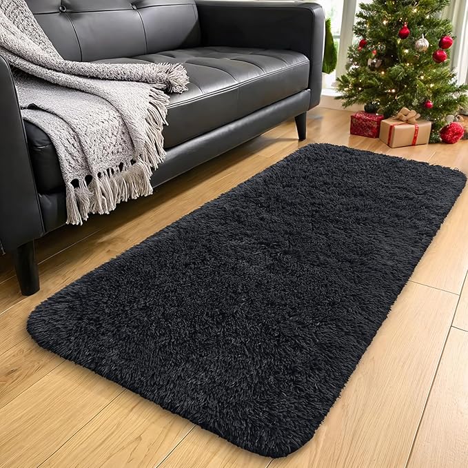 OLANLY 3x6 Machine Washable Runner Rugs for Hallway, Soft Fluffy Shaggy Bedside Rugs for Bedroom, Living Room, Indoor Floor Carpet for Kids Girls and Boys, Nursery Rooms, Home Decor Aesthetic, Black