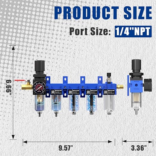 NEWPO 1/4" NPT Air Filter Regulator Lubricator Combo, 5-Stage Compressed Air - Image 2