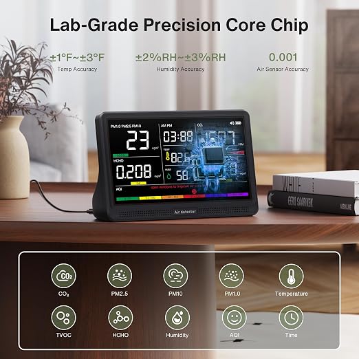 bonoch 16 in 1 Air Quality Monitor Indoor 7" Display 9 AQI+7 Alerts, CO2 - Image 2