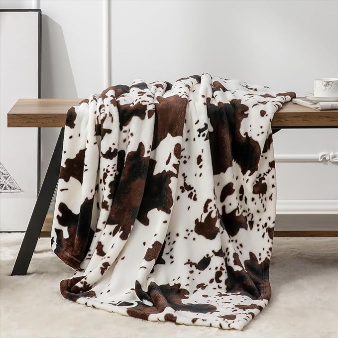 BEDELITE Cow Print Throw Blanket for Couch & Bed, 300GSM Cute Luxury Plush Cozy Fuzzy Blanket 50" x 60", Super Soft Warm Lightweight Throw Blanket for Travel Camping, Brown