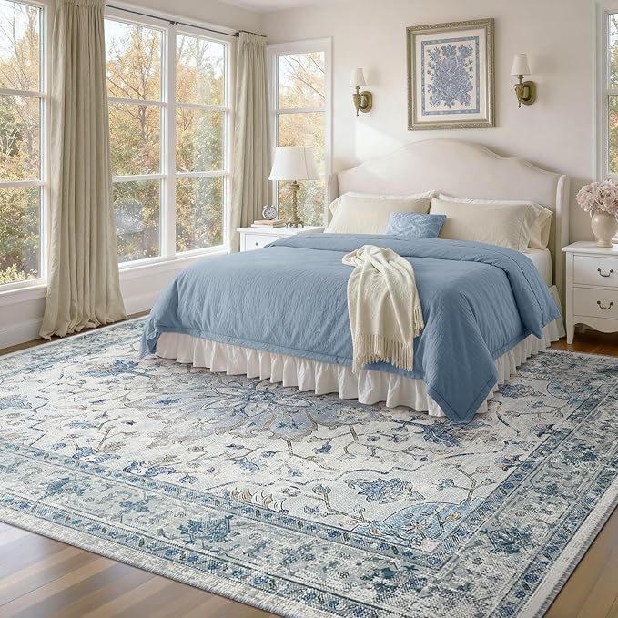 RELEANY Area Rugs 8'x10' Washable Non-Slip, Floral Vintage Distress Print Pattern Medallion Carpet for Living Room Bedroom Dining Room, Light Blue Navy Beige Gray White