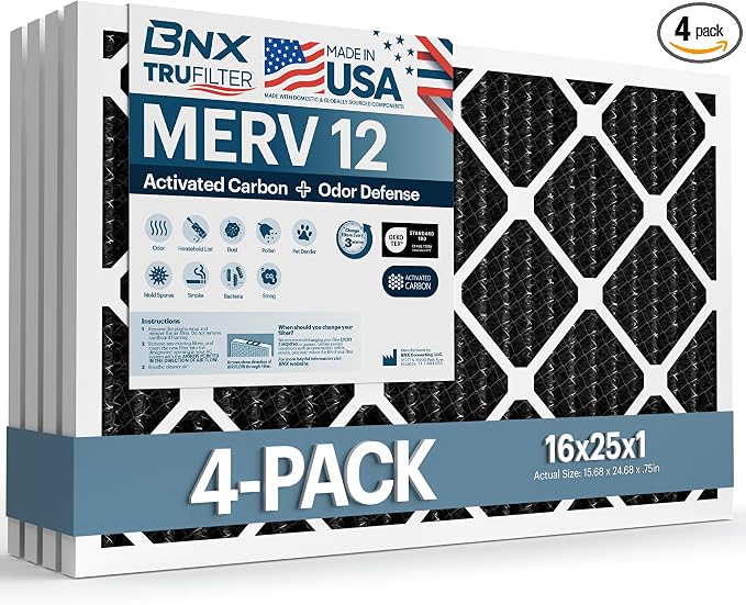 BNX TruFilter 16x25x1 MERV 12 Odor Defense AC Furnace Air Filter by BNX