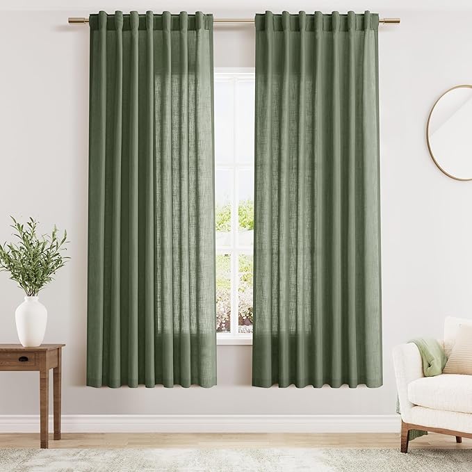 Nanspring Olive Green Linen Curtains 72 Inches Long 2 Panels Set for Living Room Back Tab Rod Pocket Light Filtering Semi Sheer Privacy Drapes Cotton Farmhouse Bedroom Curtain 52X72 Inches