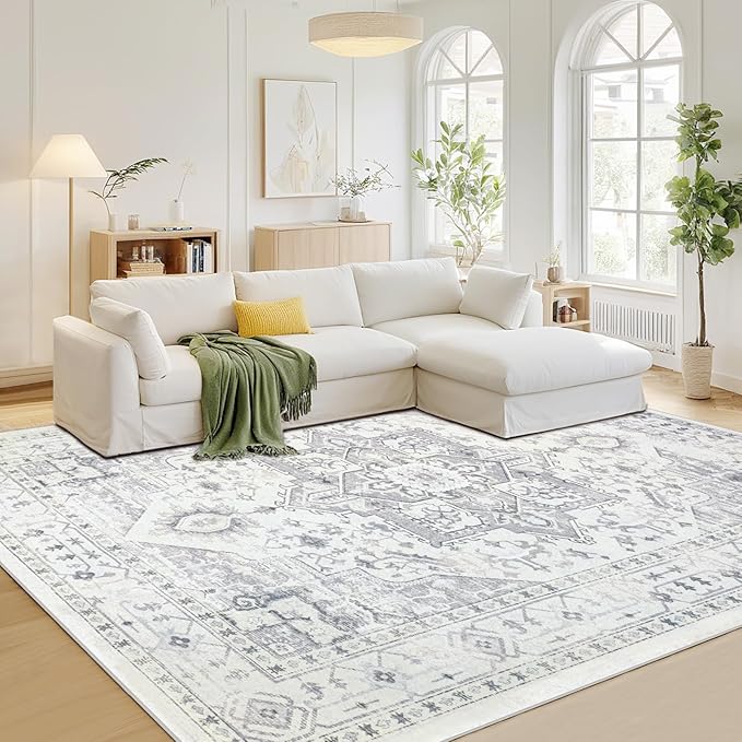Area Rug 8x10 Washable Area Rugs for Living Room,Bedroom, Dining Room- Ultra Soft Non-Shedding Faux Wool Retro Rugs,Large Vintage Carpets with Non Slip Rubber Backing for Farmhouse Home Office