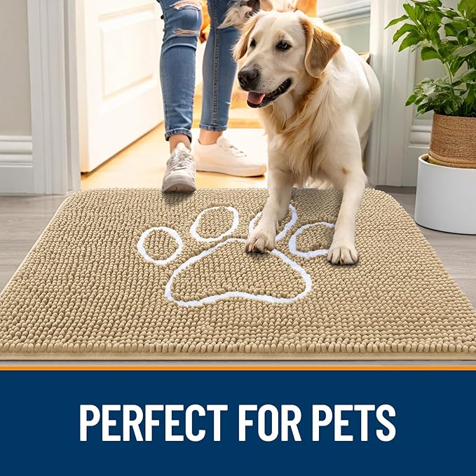 OLANLY Dog Door Mat for Muddy Paws 44x32, Paw Print Design, Absorbs Moisture and Dirt, Absorbent Non-Slip Washable Doormat, Quick Dry Chenille Mud Mat for Dogs, Entry Indoor Entryway Carpet, Beige