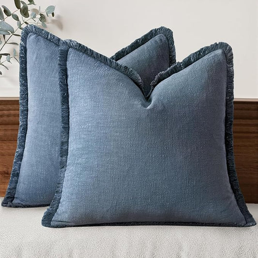 MIULEE Decorative Throw Pillow Covers Neutral Linen Fringe Throw Pillows Set of 2 Blue Ashes Boho Farmhouse Cushion Covers with Tassels for Couch Sofa Bed Spring Home Decor 22x22 Inch