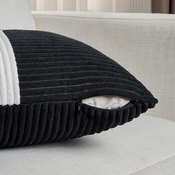Fancy Homi Set of 2 Black White Big Decorative Throw Pillow Covers 24x24 Inch for Couch Bed Sofa, Modern Farmhouse Boho Home Decor, Soft Cross Corduroy Patchwork Accent Square Cushion Case 60x60 cm