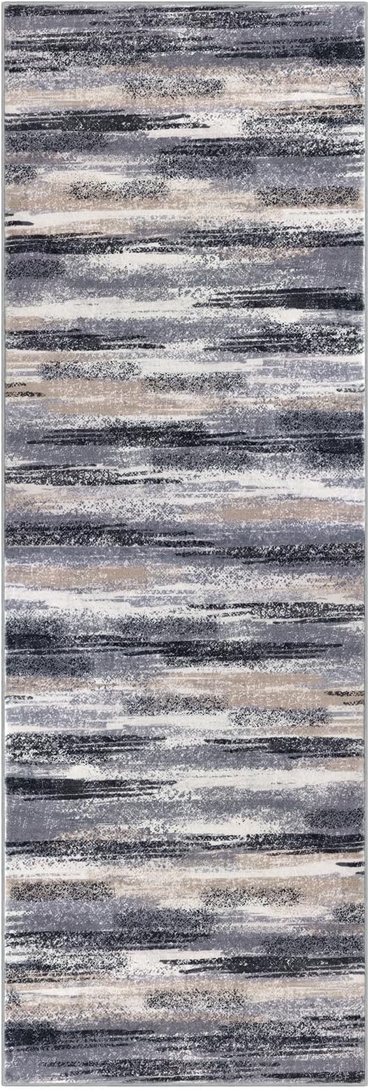 Lansny Modern Abstract Runner Rug 2.6x10, Grey Black Multi Washable Long Kitchen Runner Non-Slip Soft Hallway Rug Runner Thin Print Faux Wool Carpet for Entryway Bedroom Laundry Room Indoor Home Decor