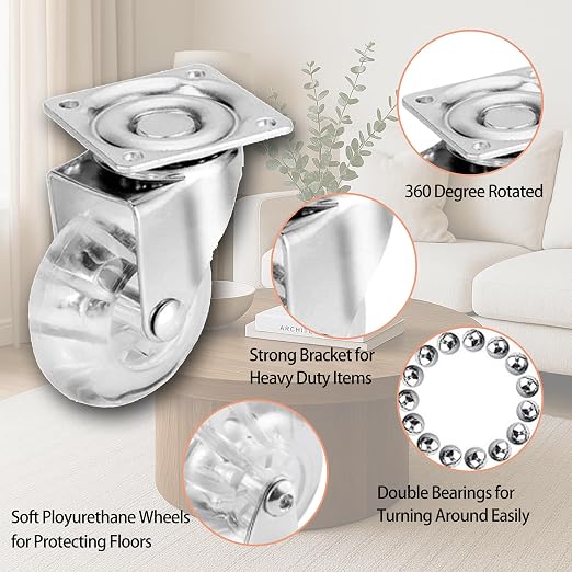 Caster Set of 4, Swivel Wheels for Furniture, 2 Inch Heavy Duty 500LBS Crystal - Image 4