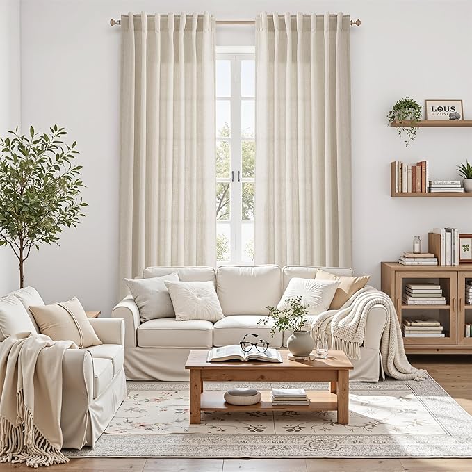 Boho Linen Curtains 132 Inch Length for Living Room Light Filtering Semi Sheer Curtain Back Tab Boho Eclectic Home Decor Farmhouse Drapes Floor to Ceiling High Window for Bedroom 52x132, 2 Panels