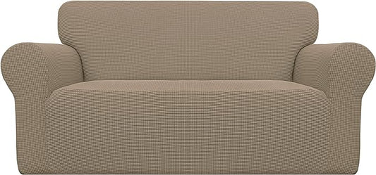 Easy-Going Stretch Loveseat Slipcover 1-Piece Sofa Cover Furniture Protector Couch Soft with Elastic Bottom for Kids Polyester Spandex Jacquard Fabric Small Checks (Loveseat, Natural)