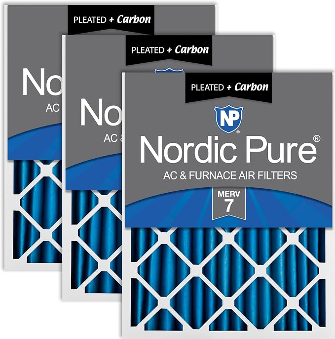 Nordic Pure 16x20x2 Pleated MERV 7 Plus Carbon Air Filters 3 Pack | Actual by NordicPure