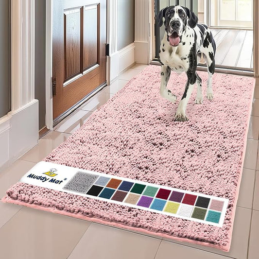 Muddy Mat® | Super Absorbent Door Mat Indoor, Microfiber Quick Dry Chenille Entryway Rug, Non-Slip Front Door Mat, Indoor Mats for Entryway, Machine Washable Pet Rug, Light Pink 24" x 120"