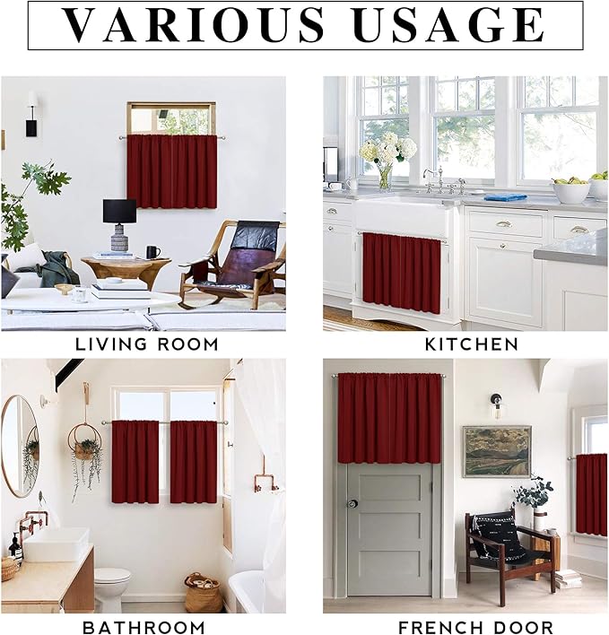 RYB HOME Cafe Blackout Curtains 24 inch Length, RV Curtains for Camper Windows, Mini Short Small Insulating Light UV Blocking Privacy Half Window Tiers, Width 42 by Length 24, Burgundy Red, 2 Panels