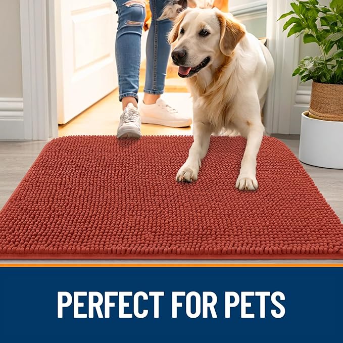 OLANLY Dog Door Mat for Muddy Paws 47x20, Absorbs Moisture and Dirt, Absorbent Non-Slip Washable Doormat, Quick Dry Chenille Mud Mat for Dogs, Entry Indoor Entryway Carpet for Inside Floor, Maple Red