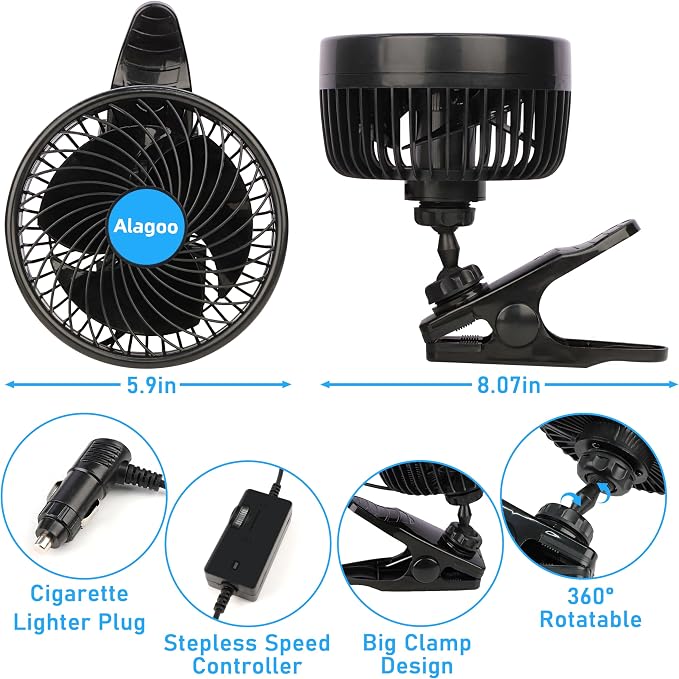 Alagoo Car Fan 6'' 12V Cool Gadgets Clip Fan - Image 2