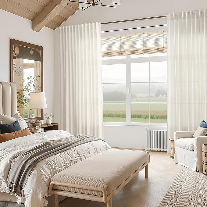 Nanspring Natural Linen Curtains 108 Inches Long for Living Room Light Filtering Sheer Curtains Back Tab and Rod Pocket Farmhouse Floor to Ceiling Curtain for Bedroom High Window 52x108, 2 Panels