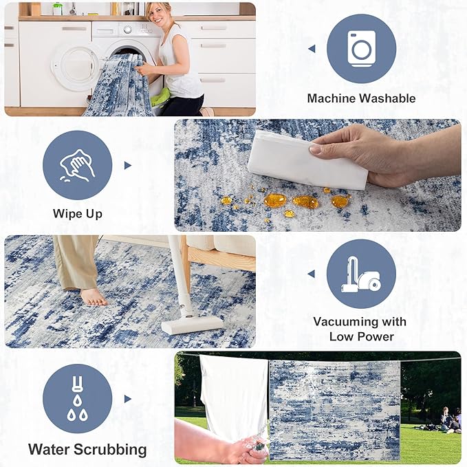 Area Rugs 9x12 Living Room - Washable Rug Modern Abstract Soft Large Neutral Non-Slip Carpet Indoor Floor Thin Carpets for Bedroom Dining Room Farmhouse Nursery Home Office Blue Gray