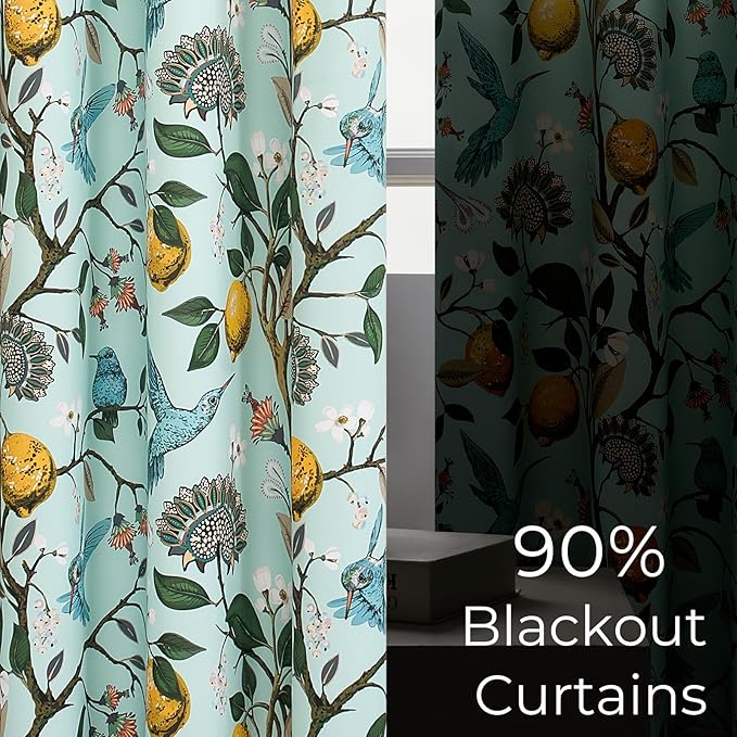 Topfinel Mint Green Curtains 63 Inch Length 2 Panels Cottagecore Tropical Sage Leaf Flower Hummingbird Lemon Patterned Energy Efficient Grommet Cute Green Drapery Treatment Nursery Classroom