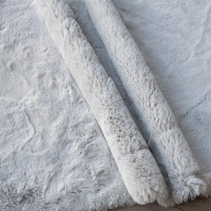 ORINOVA Silver Grey Round Rugs 8ft Shag Washable Area Rugs for Bedroom Faux Bunny Fur Circle Rug for Living Room Large Sheepskin Nursery Rug Home Décor