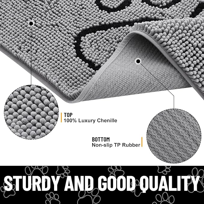 Smiry Dog Door Mat for Muddy Paws, Absorbent Dirt Trapper Non Slip Quick Dry Washable Chenille Mat for Mud Dogs, Entry Rug for Indoor and Outdoor (70x35 Inches, Grey and Black)