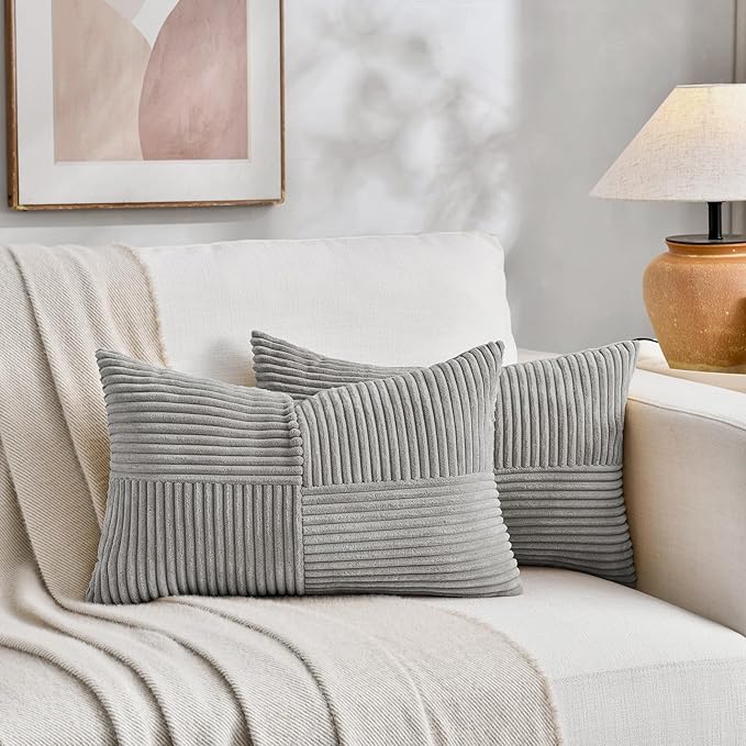 Fancy Homi 2 Packs Neutral Grey Lumbar Decorative Throw Pillow Covers 16x26 Inch for Living Room Couch Sofa, Farmhouse Boho Home Decor, Soft Striped Corduroy Rectangle Accent Terracotta Cushion Case