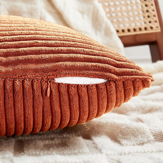 Fancy Homi Set of 2 Burnt Orange Decorative Throw Pillow Covers 18x18 Inch for Living Room Couch Bed, Boho Farmhouse Fall Home Decor, Soft Textured Corduroy Corss Patchwork Cushion Case 45x45 cm