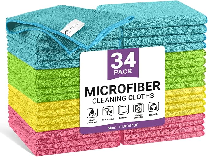 34 Pack Microfiber Cleaning Cloth, 4 Assorted Colors Cleaning Rags by Unknown