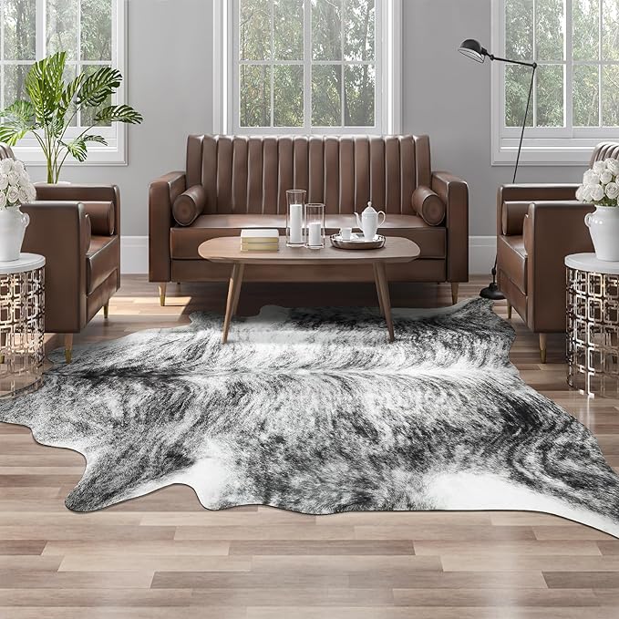 AROGAN Western Decor Faux Fur Cowhide Rug, 6.2 x 5.2 Feet Premium Animal Skin Cow Hide Rug, Sturdy Cow Print Rugs for Wall Decor, Western Floor Carpet for Bedroom Living Room, Black and Grey