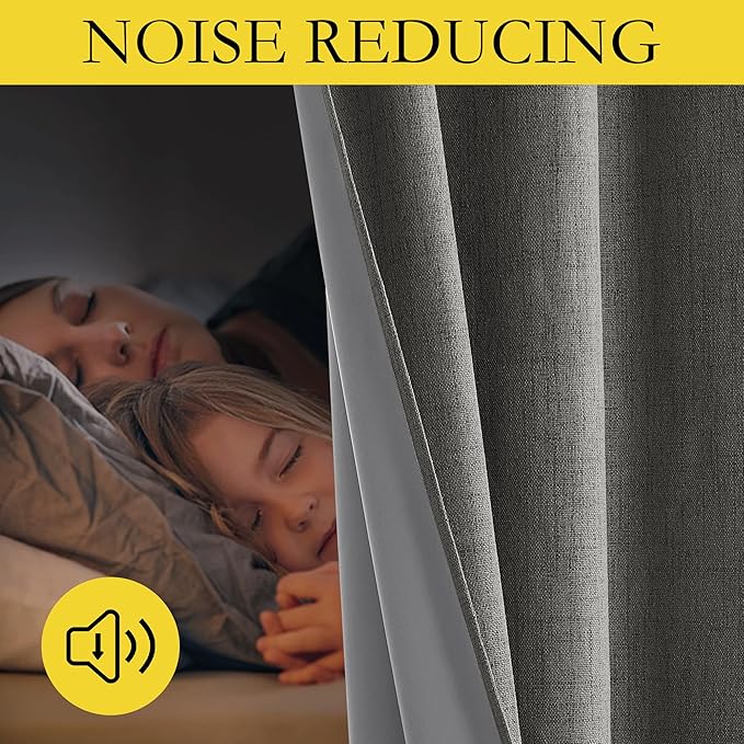 NICETOWN Grizzle Gray Vintage Linen 100% Blackout Curtains for Living Room, Thermal Insulated Curtains 95" Long, Noise Reducing Window Treatment Drapes for Bedroom, 52" Wide Per Panel, Set of 2