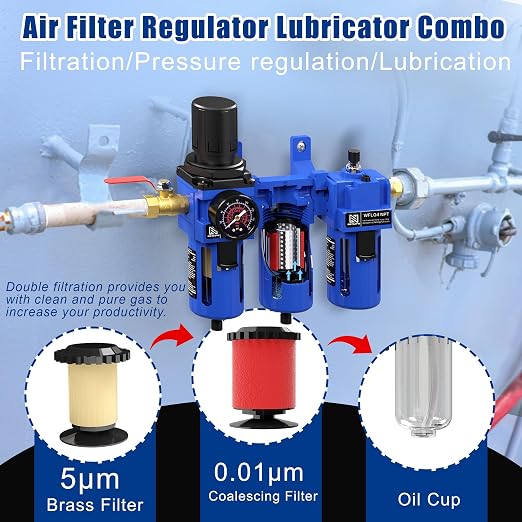 NEWPO 1/2" NPT Air Filter Regulator Lubricator Combo, 3 Stage Air Compressor - Image 3
