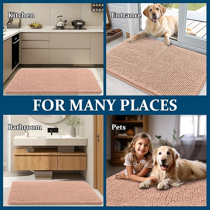 OLANLY Dog Door Mat for Muddy Paws 32x20, Absorbs Moisture and Dirt, Absorbent Non-Slip Washable Doormat, Quick Dry Chenille Mud Mat for Dogs, Entry Indoor Entryway Carpet for Inside Floor, Peach