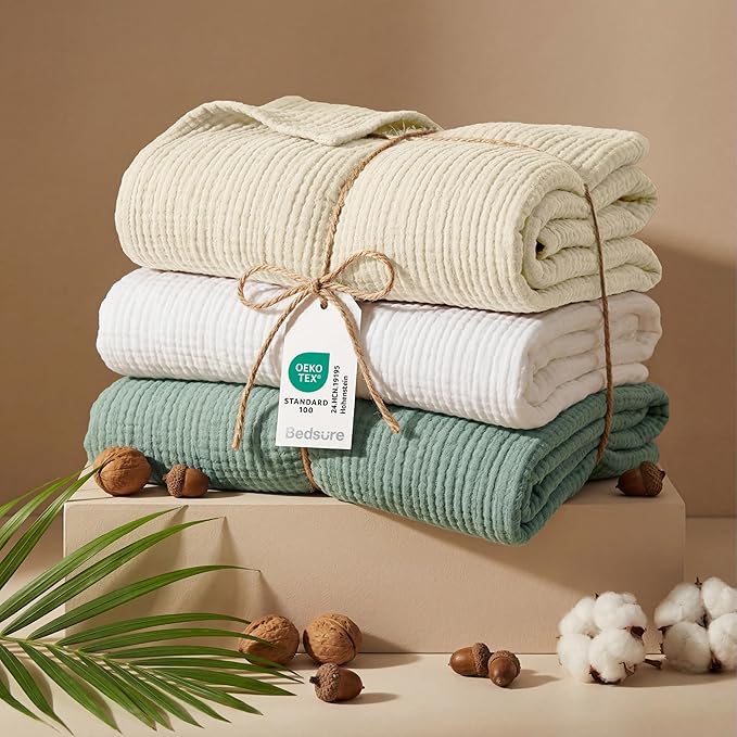 Bedsure 100% Cotton Muslin Blanket Queen Size for Bed - 4-Layer Breathable and Lightweight Thin Soft Summer Gauze Muslin Blankets for Adults, Linen Beige, 90x90 Inches