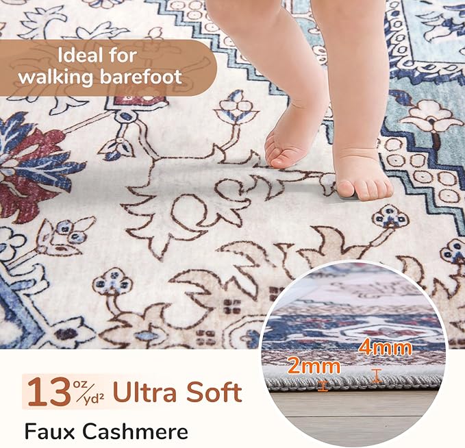 OPPODREAM Soft Entryway Rug 2x6, 2x6 Rug Runner, Washable Hallways Carpet 2 x 6 with Non Slip Backing, Low-Pile Bedside Carpet 2 x 6, Long, Faux Cashmere, Navy Blue & Red & Cream