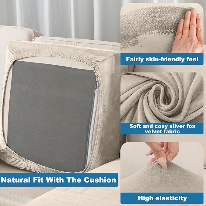 Couch Cover 3-Piece Elastic Velvet Couch Cushion Covers & Chaise Slipcovers for L-Shaped Sofas - Sofa Seat Covers Washable, Soft Protector for Couches (2 Seater + Chaise, Taupe)