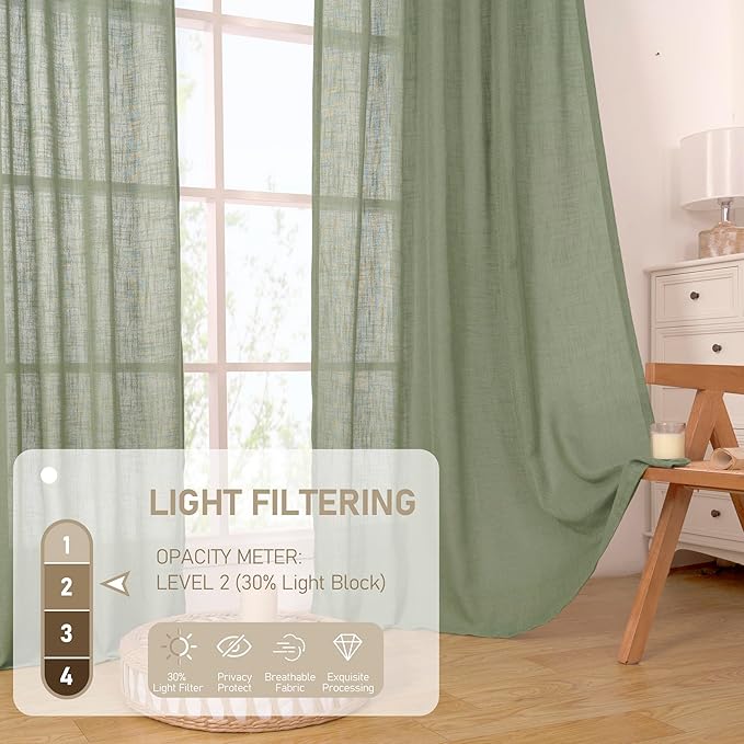 LAMIT Sage Green Linen Semi Sheer Curtains 63 Inch for Bedroom, Light Filtering Neutral Window Curtains Farmhouse Boho Back Tab and Rod Pocket Panels, 2 Panels, 38 x 63 Inch