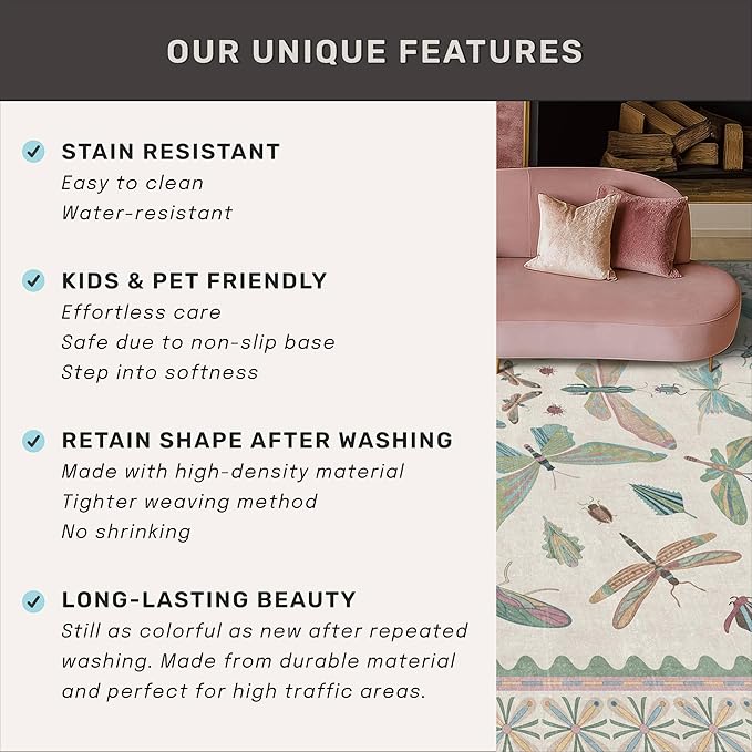 Insect Light Green 5ft Round Area Rug for Living Room - Washable Floral Fun Kids Rugs for Bedroom, Playroom, Boho & Butterfly Design - Low Pile Soft Circle Carpet